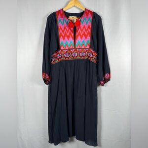 Figue Violeta Embroidered Cotton Midi Dress Splitneck Boho Indie Hippie Medium